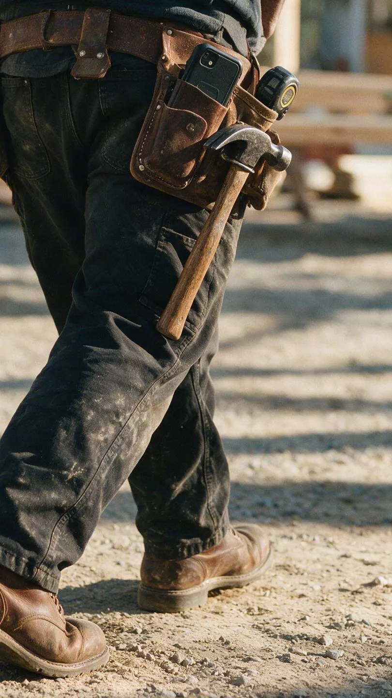 A tradesman in work boots and a tool belt walking across a jobsite
