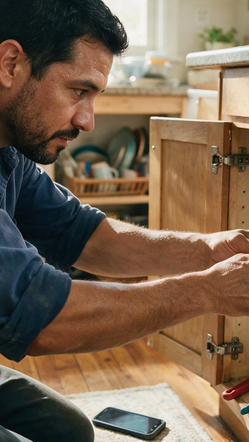 A plumber working on the drain under a kitchen sink