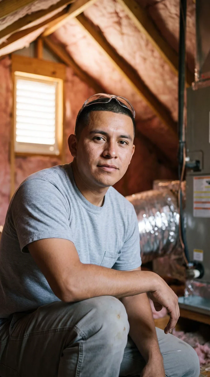 An HVAC tech kneeling in an attic next to ductwork