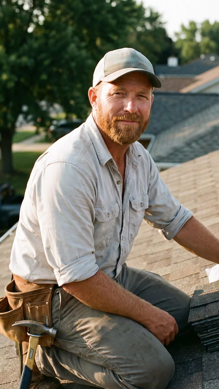 A roofer kneeling on a shingle roof